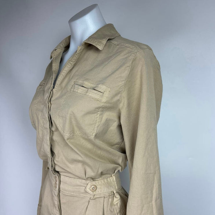 American Eagle Utility Khaki Pocket Button Up Collar Long Sleeve Jumpsuit Size S