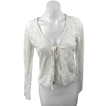 Stradivarius White Textured V-neck Tie Front Long Sleeve Crop Blouse Top Size S