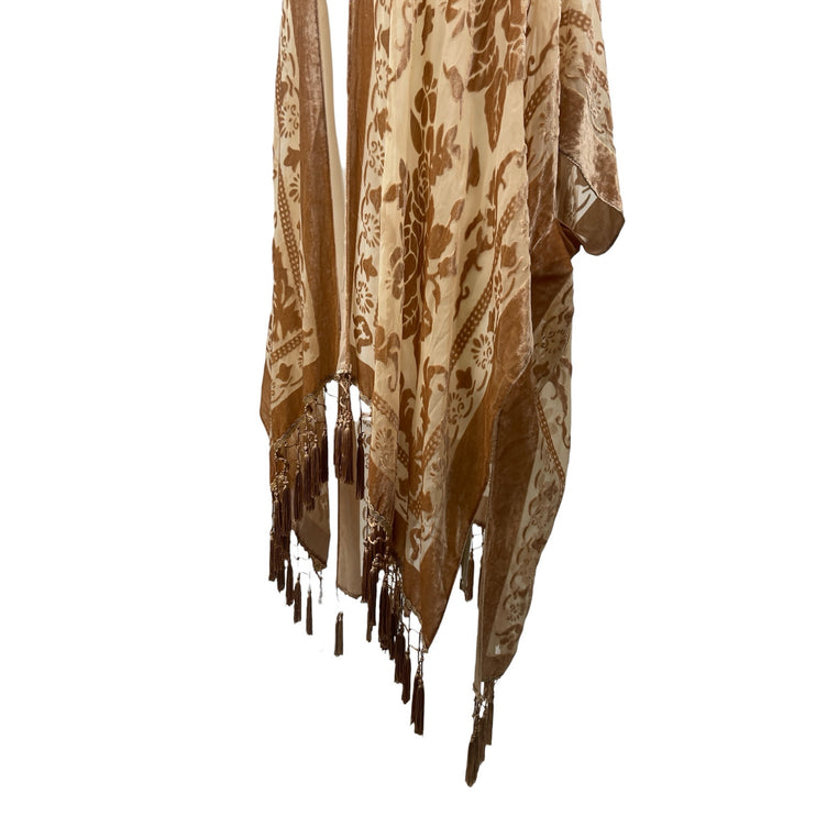 Free People Nightbird Burnout Velvet Velour Tan Tassel Boho Kimono Cardigan OS