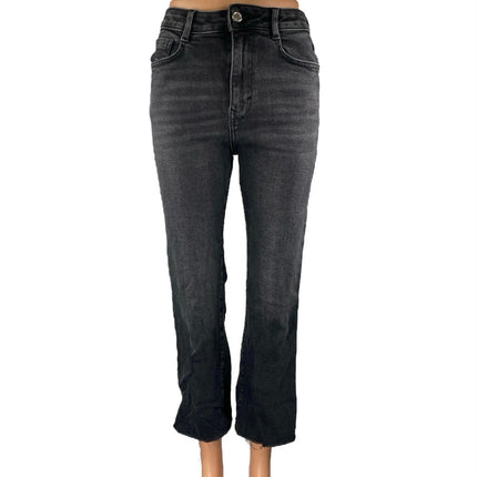 Zara Women's Blue High Waisted Raw Hem Frayed Flare Cropped Denim Jeans Size 4