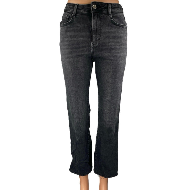 Zara Women's Blue High Waisted Raw Hem Frayed Flare Cropped Denim Jeans Size 4