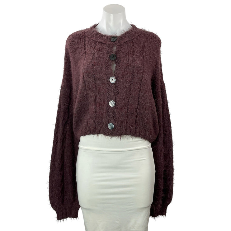 Free People Willow Brown Wool Long Balloon Sleeve Crop Cardigan Sweater Top M