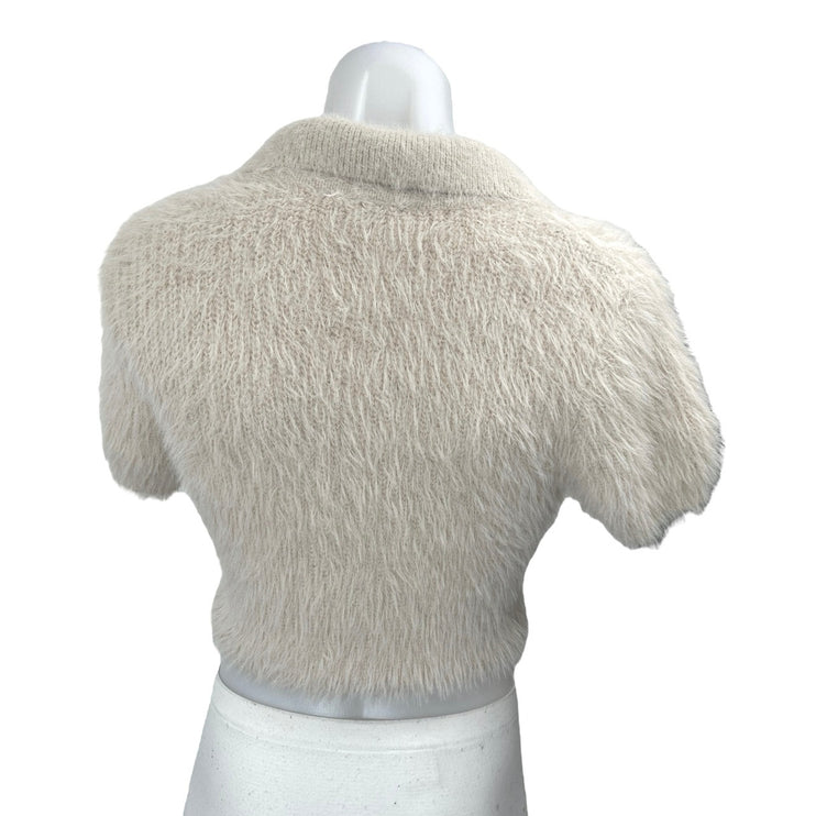Zara Beige Short Sleeve Faux Fur V Neck Collared Polo Crop Sweater Top Size S