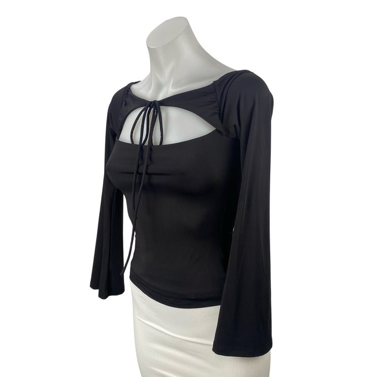 Princess Polly Women's Black Long Bell Sleeve Cutout Tie Knot Blouse Top Size 2