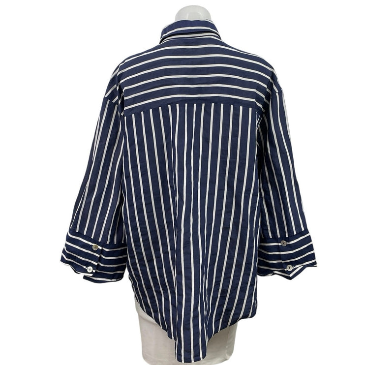 Zara Navy Blue Striped Pocket Oversized Relaxed Button Down Shirt Top Size L