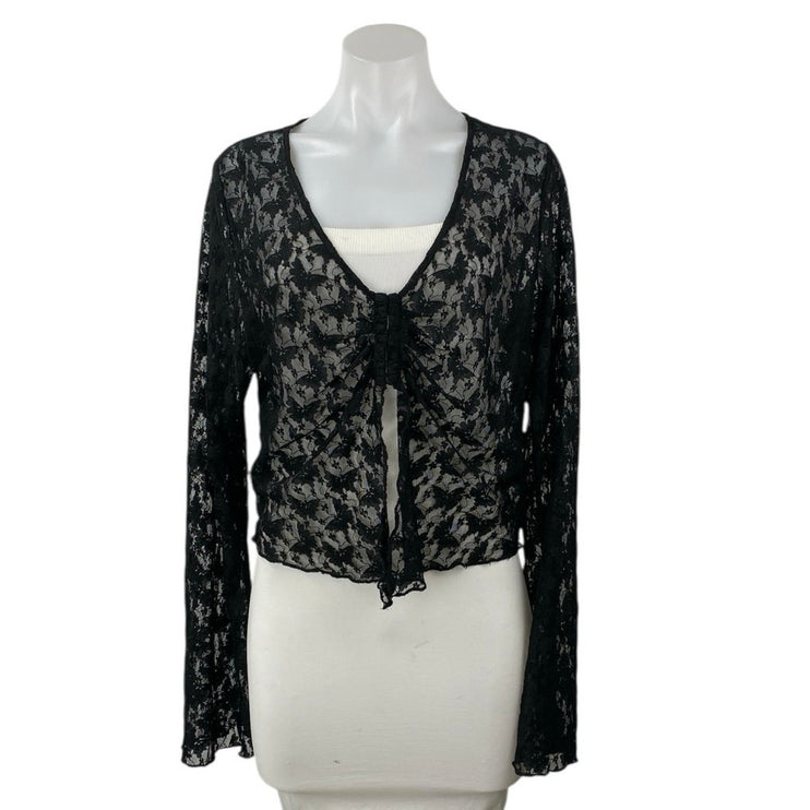 H&M Divided Women's Black Butterfy Lace V-neck Long Sleeve Sheer Crop Top Sz XL