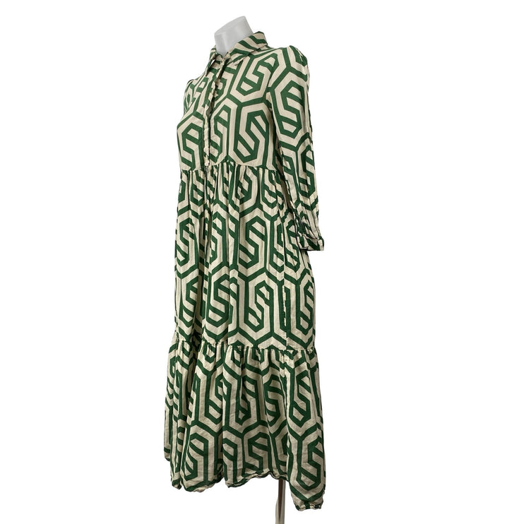 Zara Karen Green Geometric Long Sleeve Button Tiered A Line Midi Dress Size XS