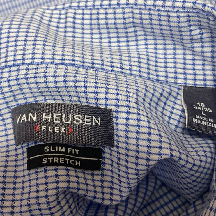 Van Hausen Flex Men's Blue Plaid Slim Stretch Long Sleeve Button Up Shirt Top L