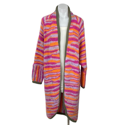 Free People Pink Tiger Abstract Crochet Long Sleeve Maxi Cardigan Sweater Top XS