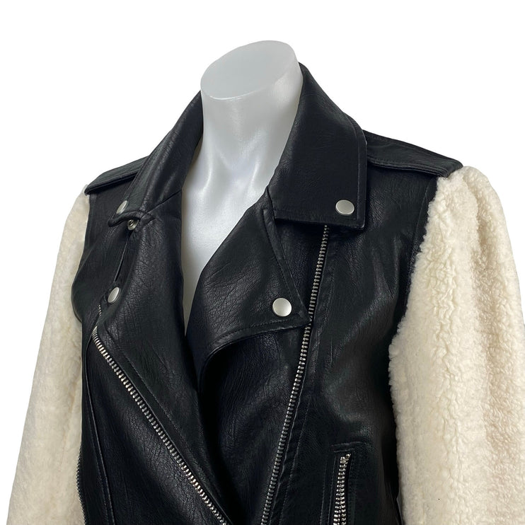BuddyLove Women's Faux Vegan Leather Sherpa Long Sleeve Moto Biker Coat Jacket S