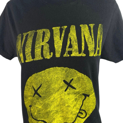 Nirvana Black Yellow Smiley Short Sleeve Graphic Rock Band Tee T-Shirt Top S