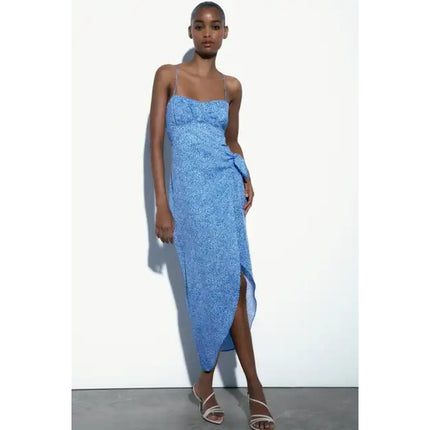 Zara Blue Sleeveless Corset Bustier Knot Slit Cami Tank Sheath Midi Dress Size M