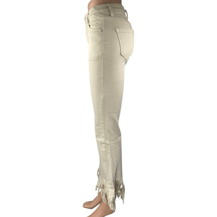 NEW Adoro Beige Frayed Distressed High Waist Straight Flared Denim Jeans Pants M