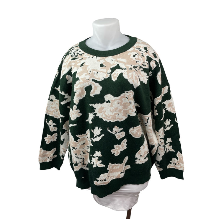 Bloomchi Women's Green Floral Crew Neck Long Sleeve Knit Sweater Top Size 22/24