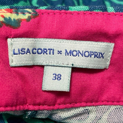 Lisa Corti Monoprix Women Green Linen Geometric High Rise Bermuda Shorts Size 38