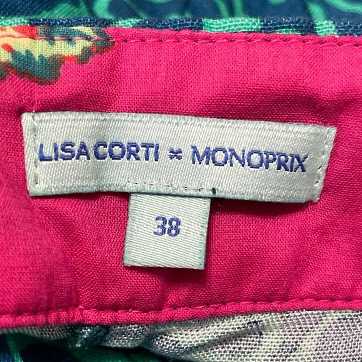 Lisa Corti Monoprix Women Green Linen Geometric High Rise Bermuda Shorts Size 38