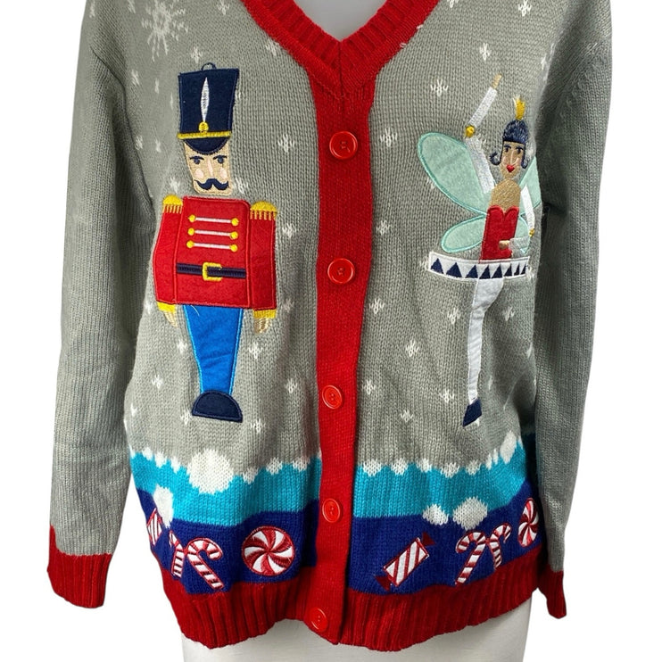Women's Gray Nutcracker Ballerina Whimsical Button Up Cardigan Sweater Size M