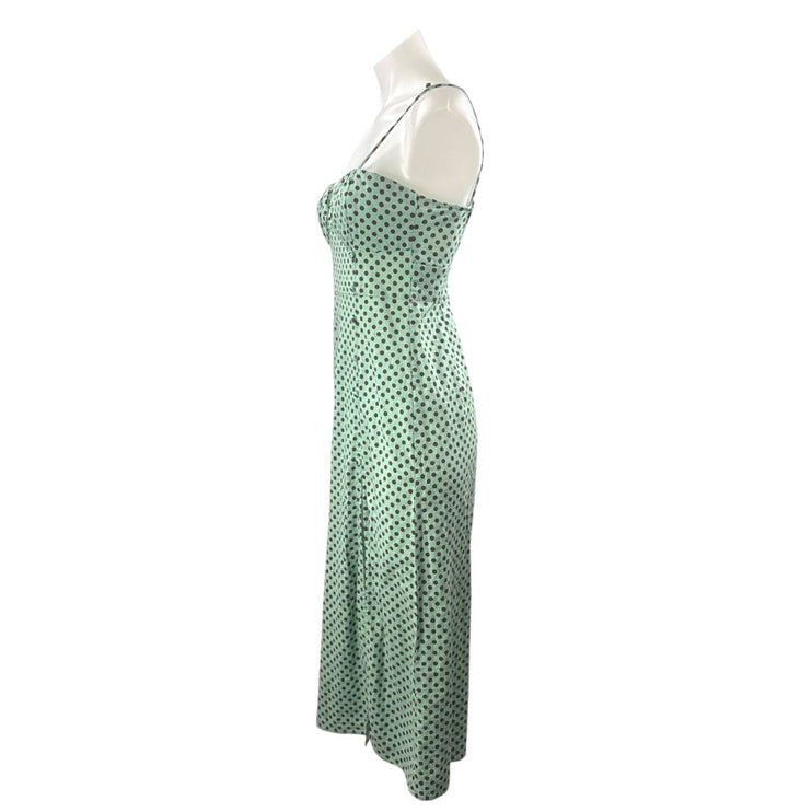 Zara Women's Green Linen Polka Dot Slit Bustier Midi Cami Tank A-Line Dress Sz S