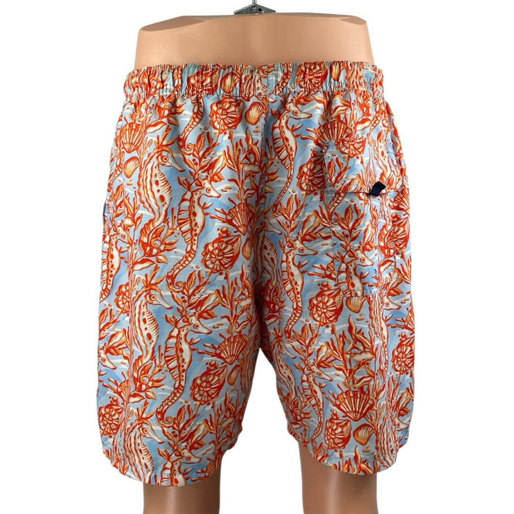 Vineyard Vines Men's Orange Seahorse Shells Print Swim Trunks Board Shorts Sz L