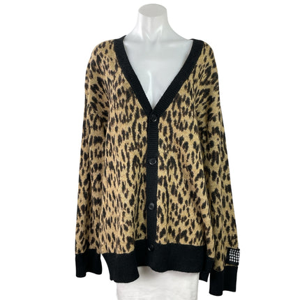 Ksubi Women's Beige Leopard Animal Wool V Neck Button Up Cardigan Sweater Top L