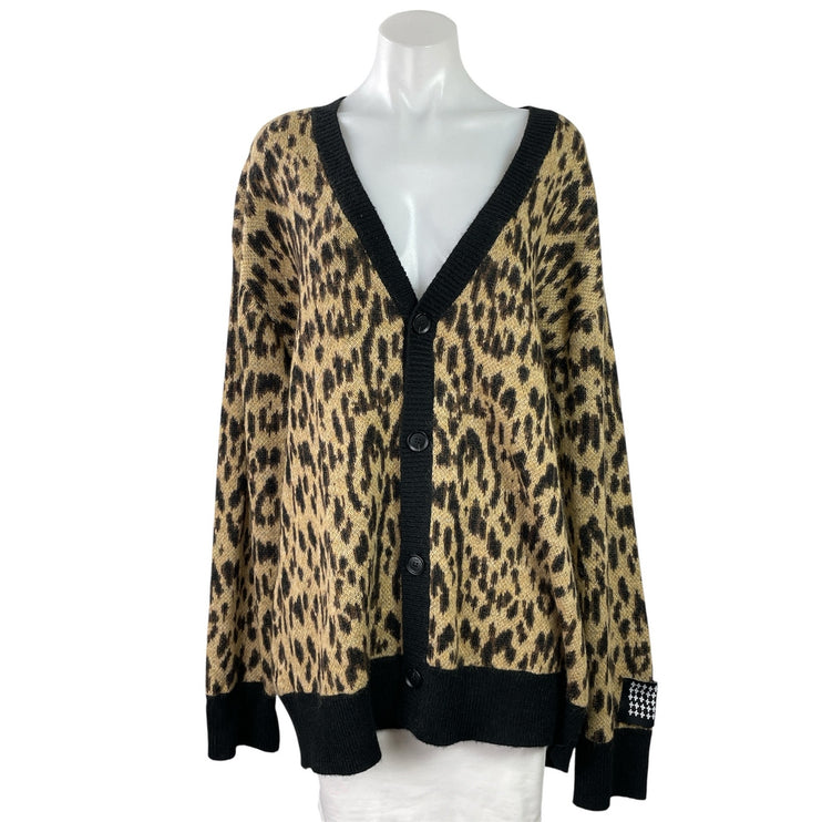 Ksubi Women's Beige Leopard Animal Wool V Neck Button Up Cardigan Sweater Top L
