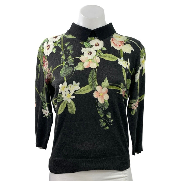 Red Baker Nellia Secret Trellis Women's Floral Collared 3/4 Sleeve Sweater Sz 2
