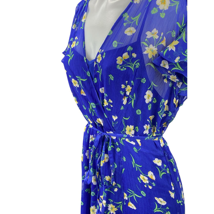 French Connection Jasmine Blue Floral V Neck Wrap Midi Tea A Line Dress Size XL