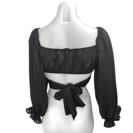 Hello Molly Women's Black 3/4 Puff Sleeve Wrap Tie Back Crop Blouse Top Size XS
