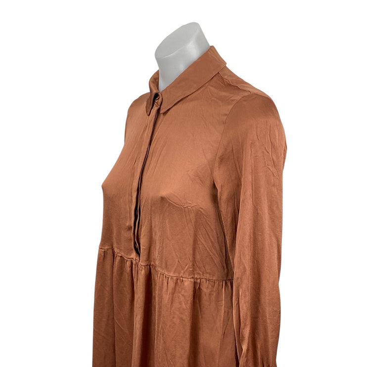 Zara Women's Brown Long Sleeve Button Front Tiered A Line Mini Dress Size XS