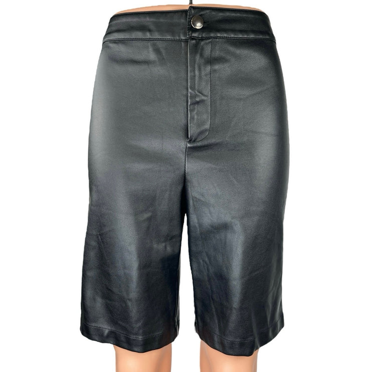 Express x Olivia Culpo Black Faux Vegan Leather High Waist Bermuda Shorts Size 6