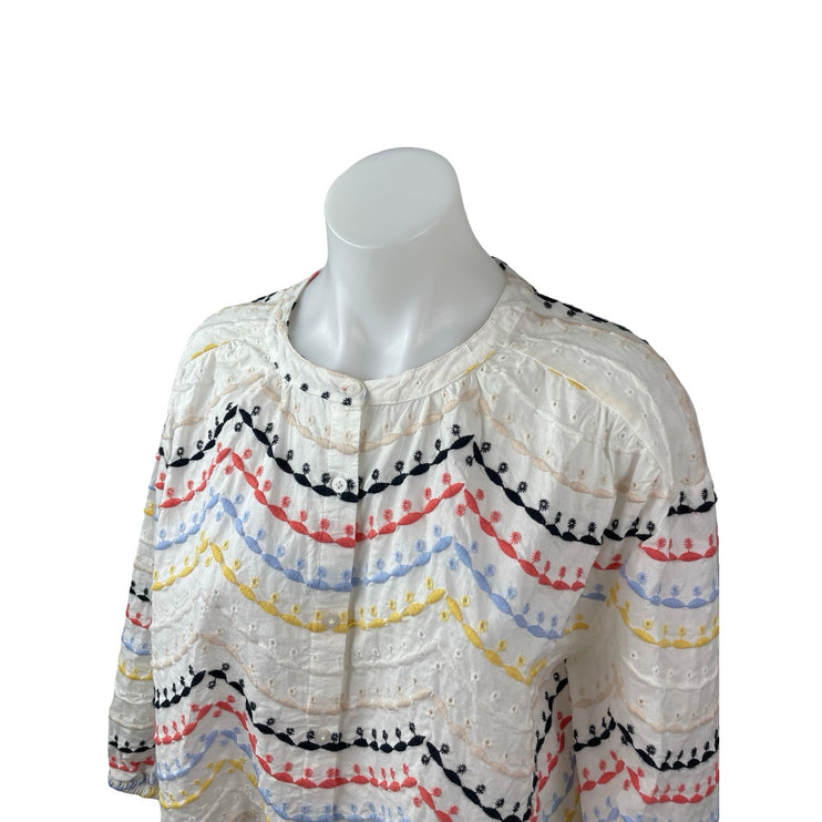 Women's White Striped Embroidered Long Sleeve Button Down Shirt Blouse Top Sz S