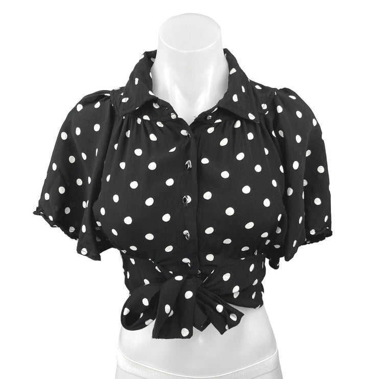 Anthropologie Black Polka Dots Button Collar Tie Waist Crop Top Blouse Size 0