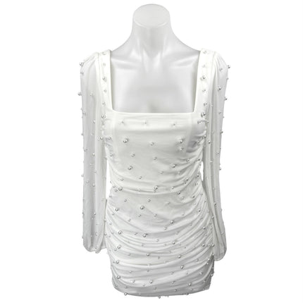 Lulus Admirably Divine White Mesh Pearl Beaded Long Sleeve Mini Bodycon Dress S