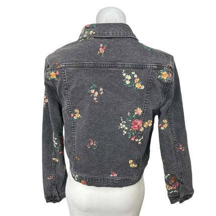 Driftwood Trucker Black Embroidered Floral Button Down Denim Jean Coat Jacket M