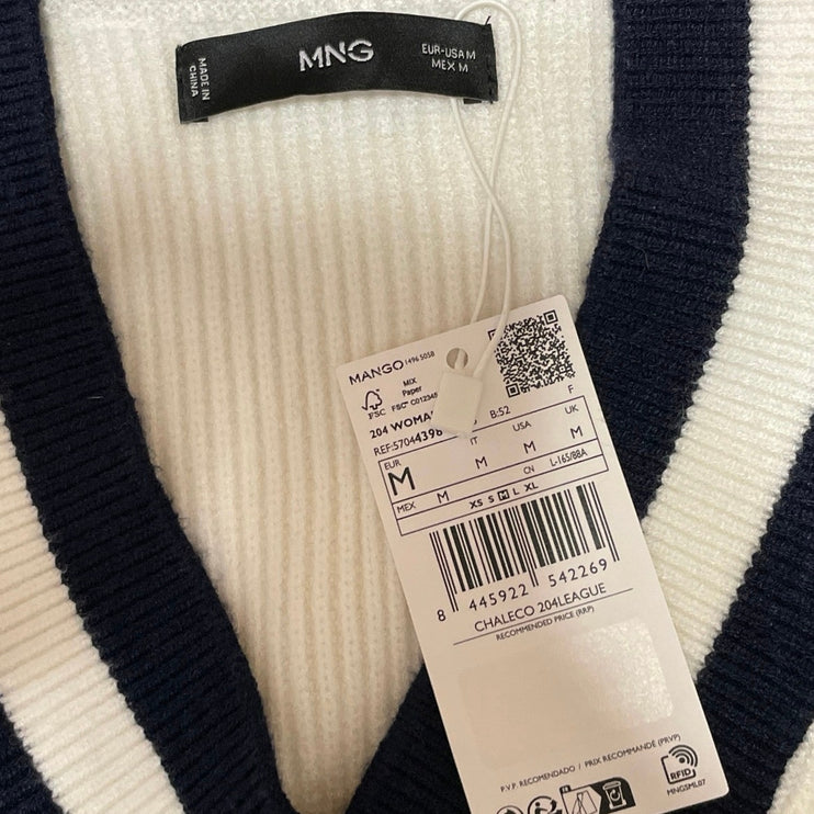 NEW MNG Mango Women White Black V Neck Gilet Ribbed Knit Sweater Tank Top Size M