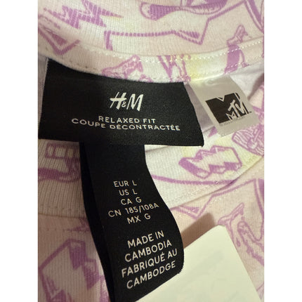 NEW H&M MTV Men's White Purple Short Sleeve Knit Graphic Tee T-Shirt Top Size L