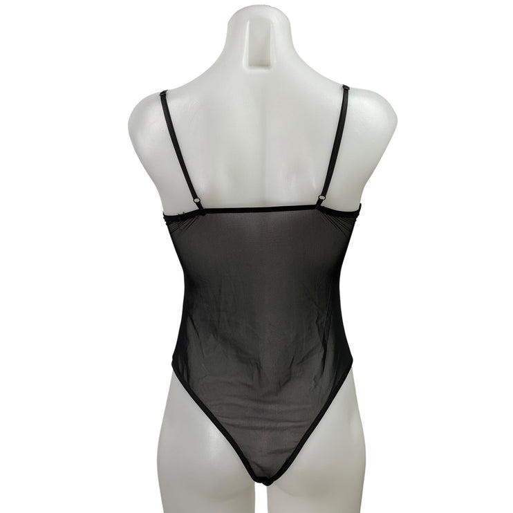 TU Black Silver Rhinestone Leaf Mesh Sheer Sleeveless Cami Bodysuit Top Size S