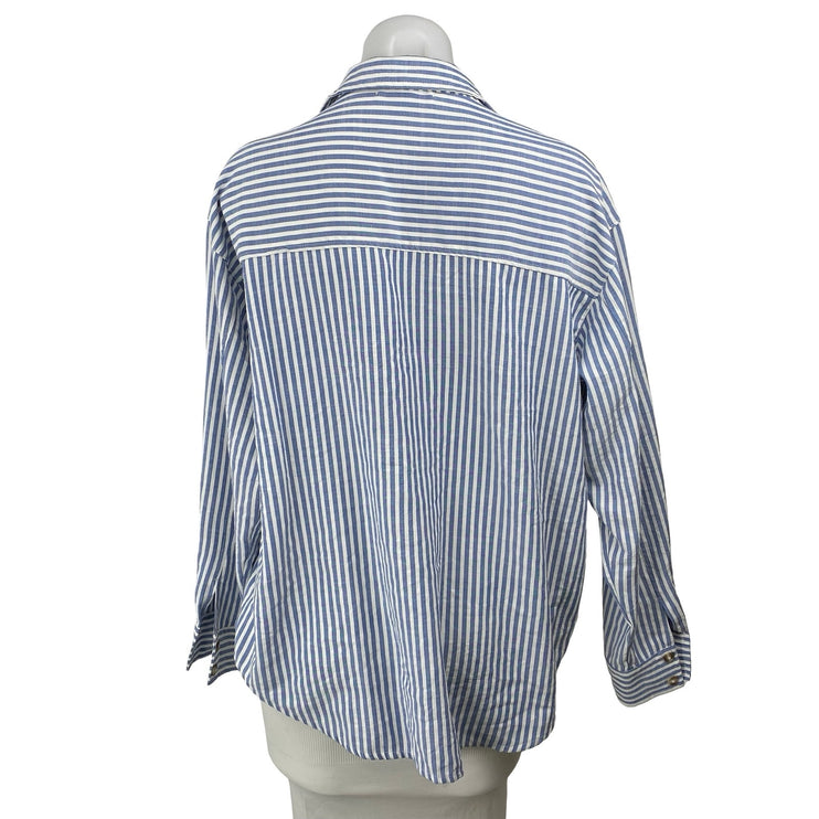 By Together Women's Blue Striped Pocket Long Sleeve Button Down Shirt Top Size S