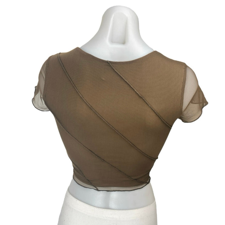 Princess Polly Brown Sleeveless Mesh Patchwork T Shirt Blouse Crop Top Size 2
