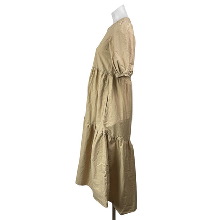 Zara Beige Short Puff Sleeves Tiered Smocked Asymmetric Hem Midi Poplin Dress S
