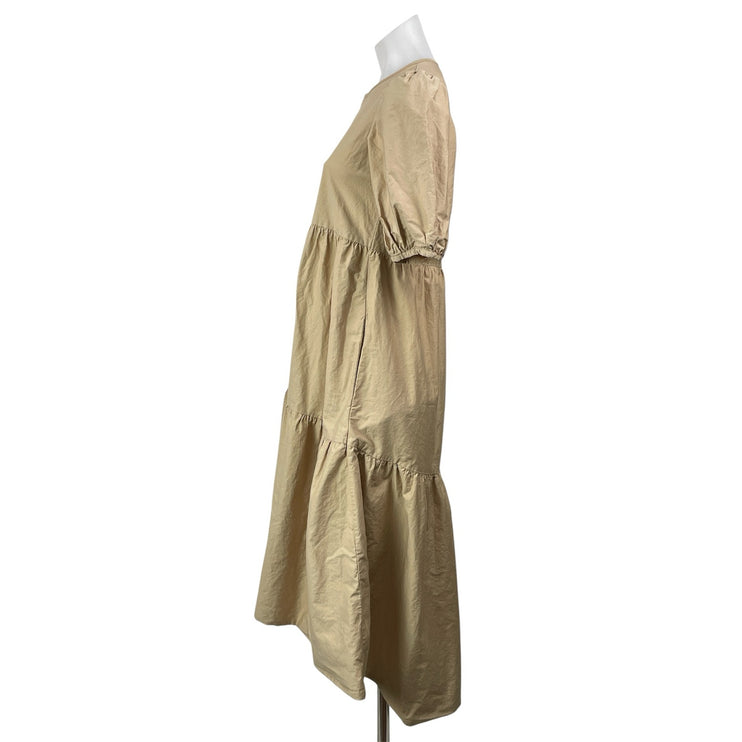 Zara Beige Short Puff Sleeves Tiered Smocked Asymmetric Hem Midi Poplin Dress S