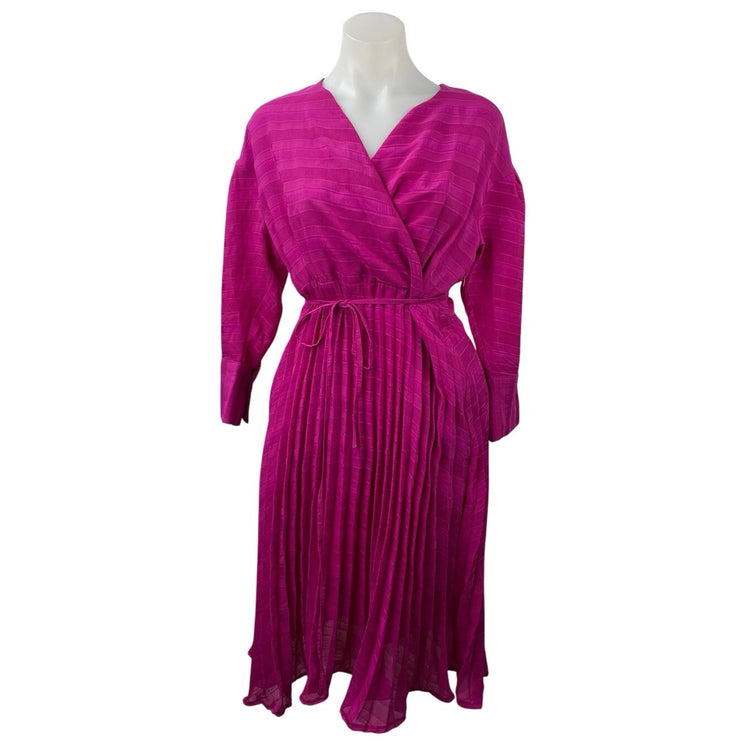 Sewlip Women's Pink Long Sleeve V Neck Pleated Tie Waist Wrap Midi Skirt Size M