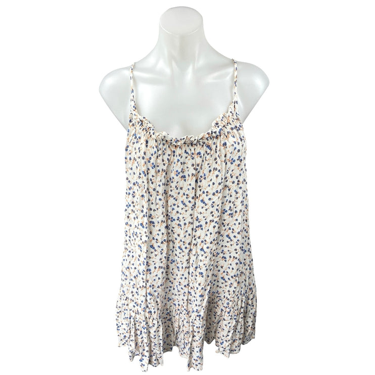 Zara White Blue Floral Sleeveless Scoop Neck Ruffle Cami Tank Mini Dress Size L