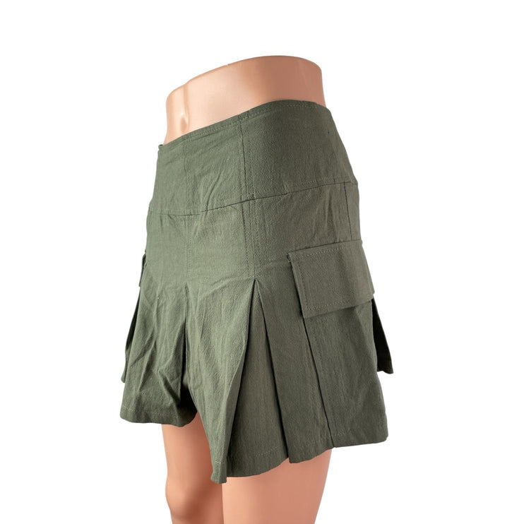 Kirious Women's Green High Rise Pleated Mini Flare A-Line Cargo Skort Skirt Sz S