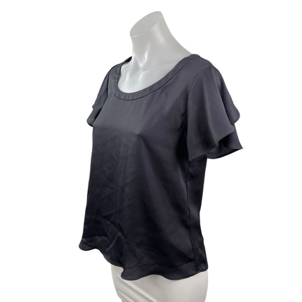 Banana Republic Black Silky Satin Flutter Sleeve Scoop Neck T-Shirt Blouse Top S