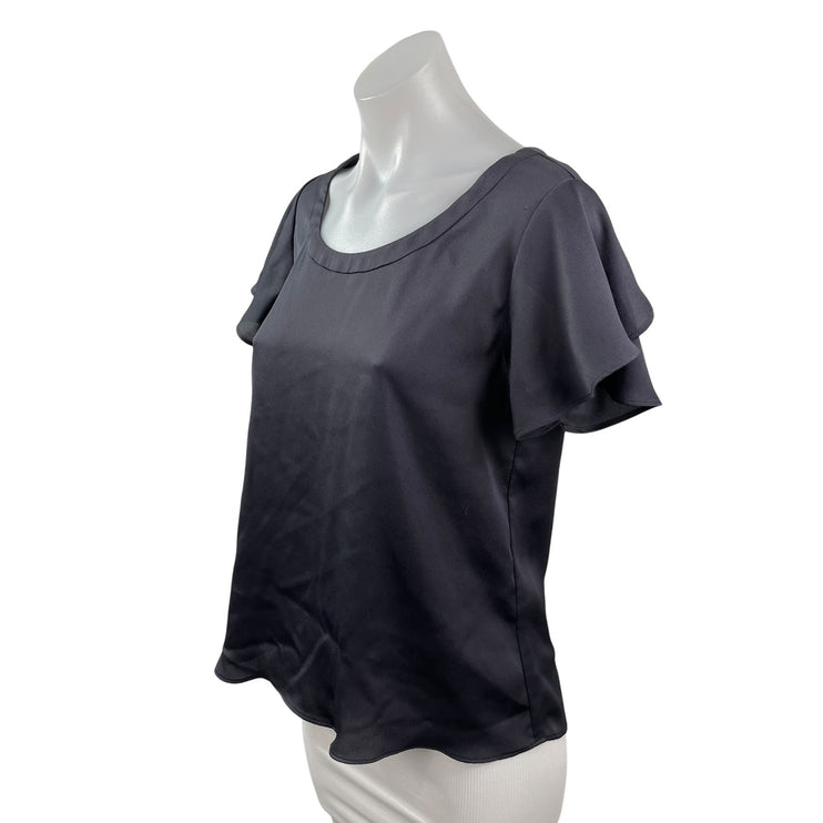 Banana Republic Black Silky Satin Flutter Sleeve Scoop Neck T-Shirt Blouse Top S