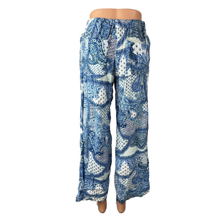 Zara Women's Blue White Paisley High Rise Boho Palazzo Wide Leg Trousers Pants S