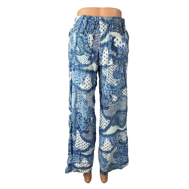 Zara Women's Blue White Paisley High Rise Boho Palazzo Wide Leg Trousers Pants S