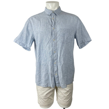 H&M Men's Light Blue Linen Collared Short Sleeve Casual Button Down Shirt Top L