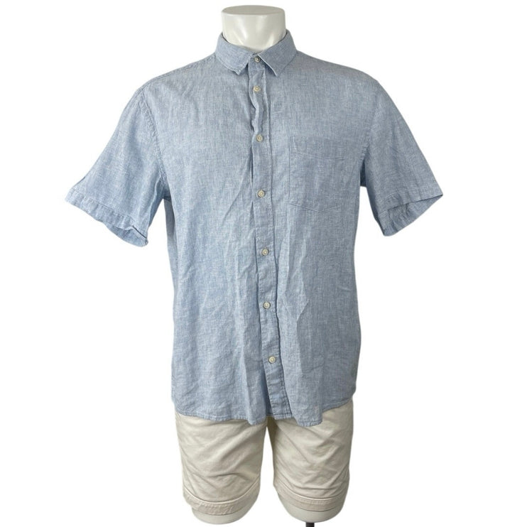 H&M Men's Light Blue Linen Collared Short Sleeve Casual Button Down Shirt Top L
